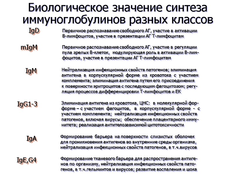 Биологическое значение синтеза иммуноглобулинов разных классов IgD Первичное распознавание свободного АГ, участие в активации